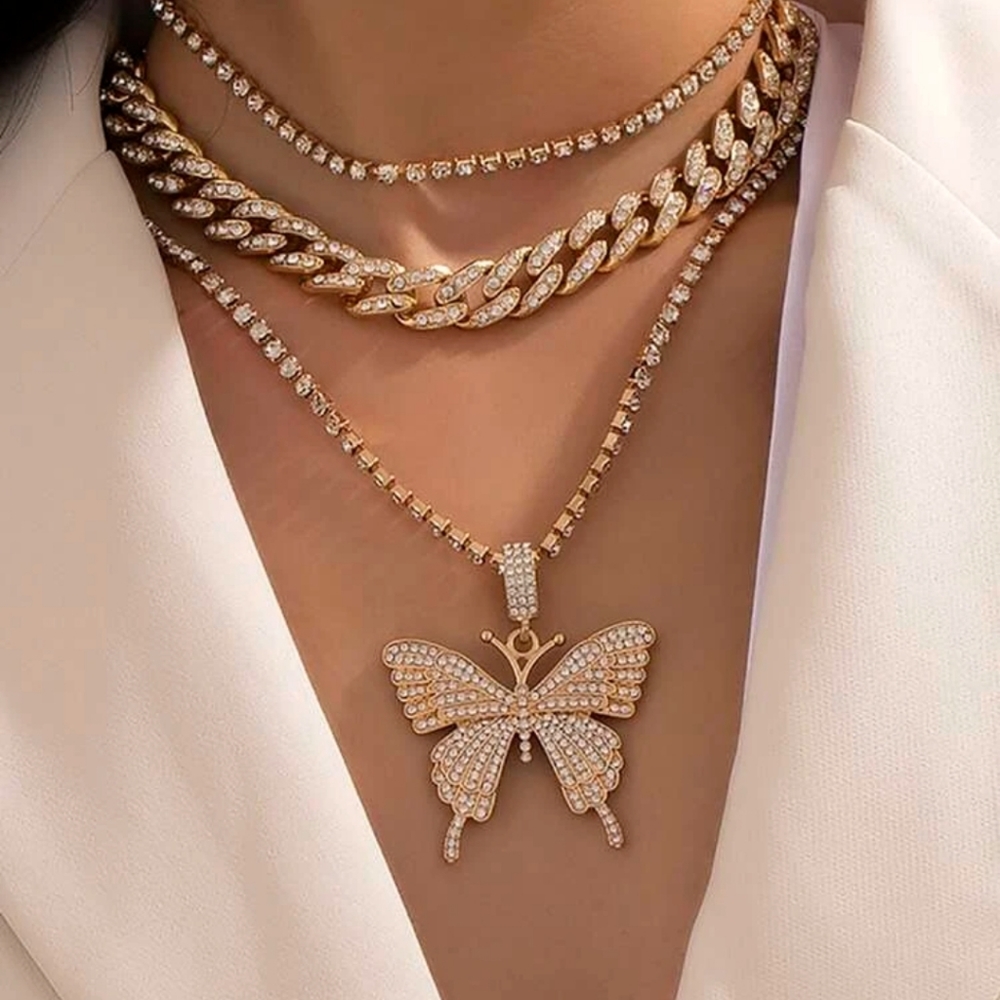 GOLD‎ RHINESTONE CUBAN LINK BUTTERFLY NECKLACE SET Crystal Bling Luxury Jewelry